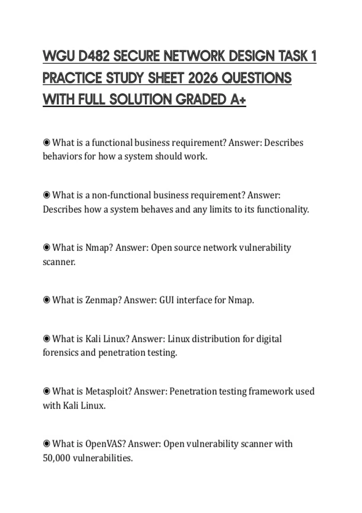 WGU D482 SECURE NETWORK DESIGN TASK 1 PRACTICE STUDY SHEET 2026 ...