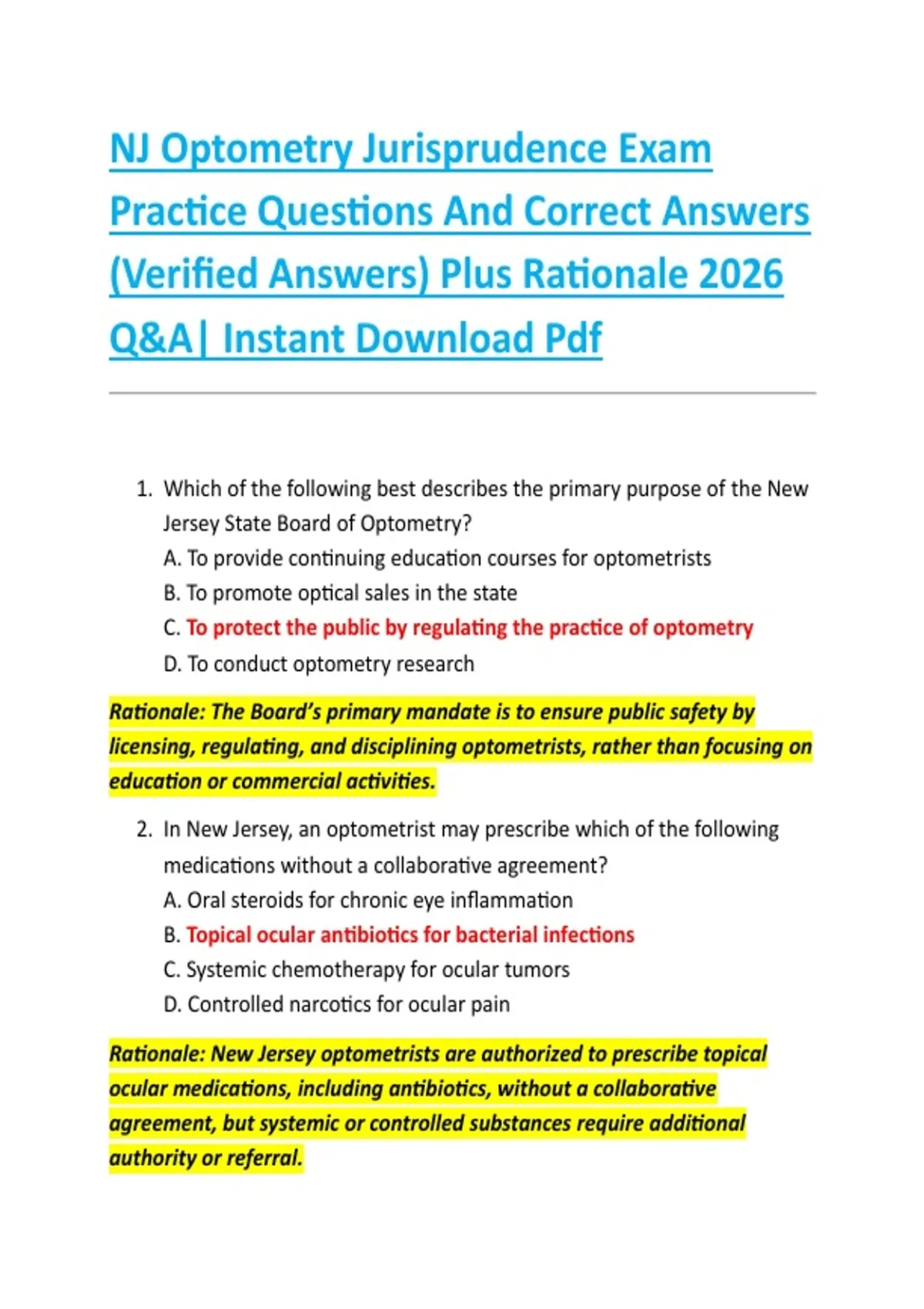 NJ Optometry Jurisprudence Exam Practice Questions And Correct Answers (Verified Answers) Plus ...