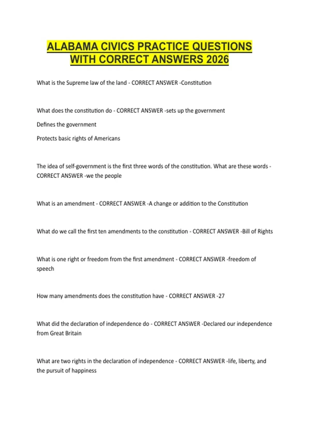 ALABAMA CIVICS PRACTICE QUESTIONS WITH CORRECT ANSWERS 2026 - ALABAMA ...