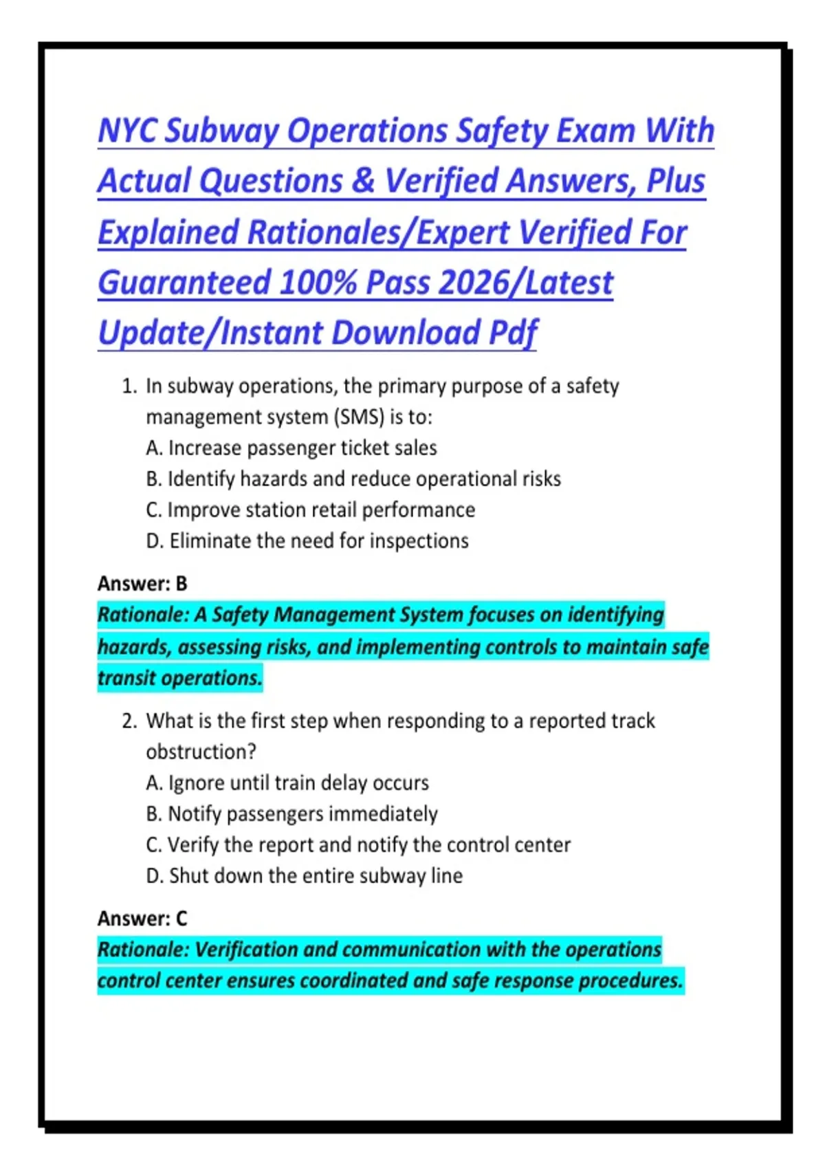 Subway Training.pdf NYC Subway Operations Safety Exam With Actual Questions & Verified ...