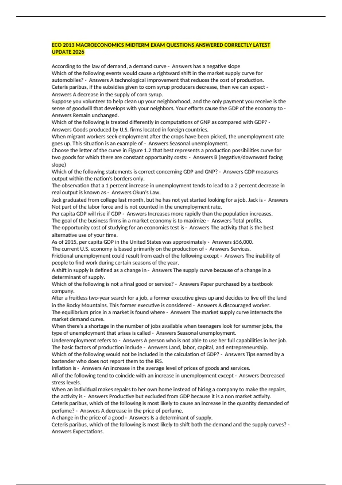 ECO 2013 MACROECONOMICS MIDTERM EXAM QUESTIONS ANSWERED CORRECTLY ...