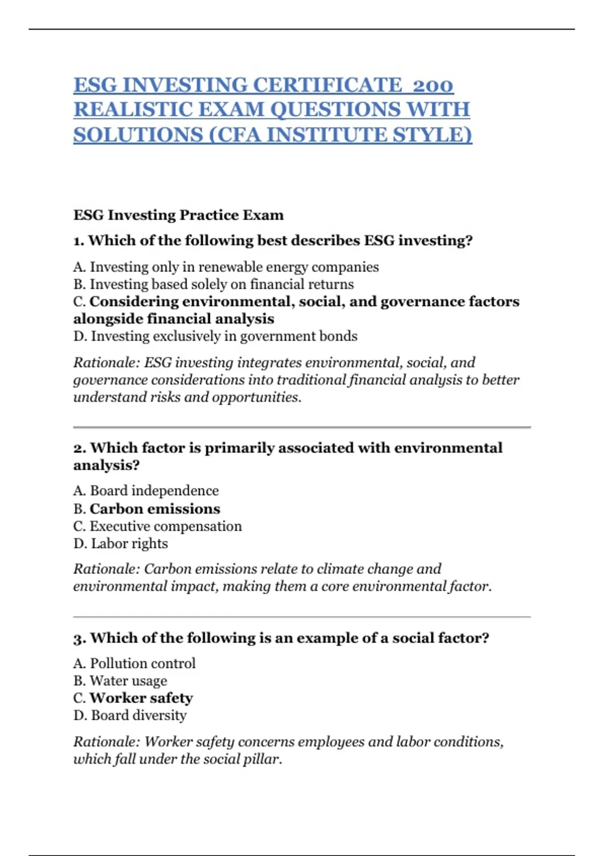 ESG INVESTING CERTIFICATE 200 REALISTIC EXAM QUESTIONS WITH SOLUTIONS ...