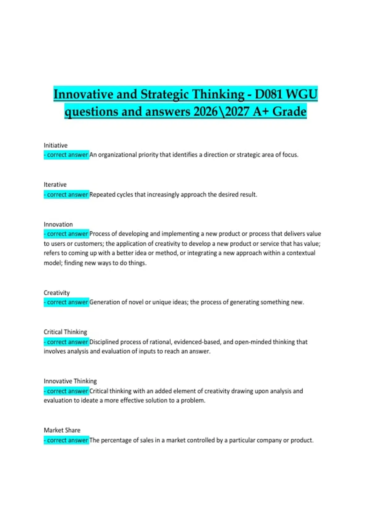 Innovative and Strategic Thinking – D081 (WGU) Questions and Answers ...