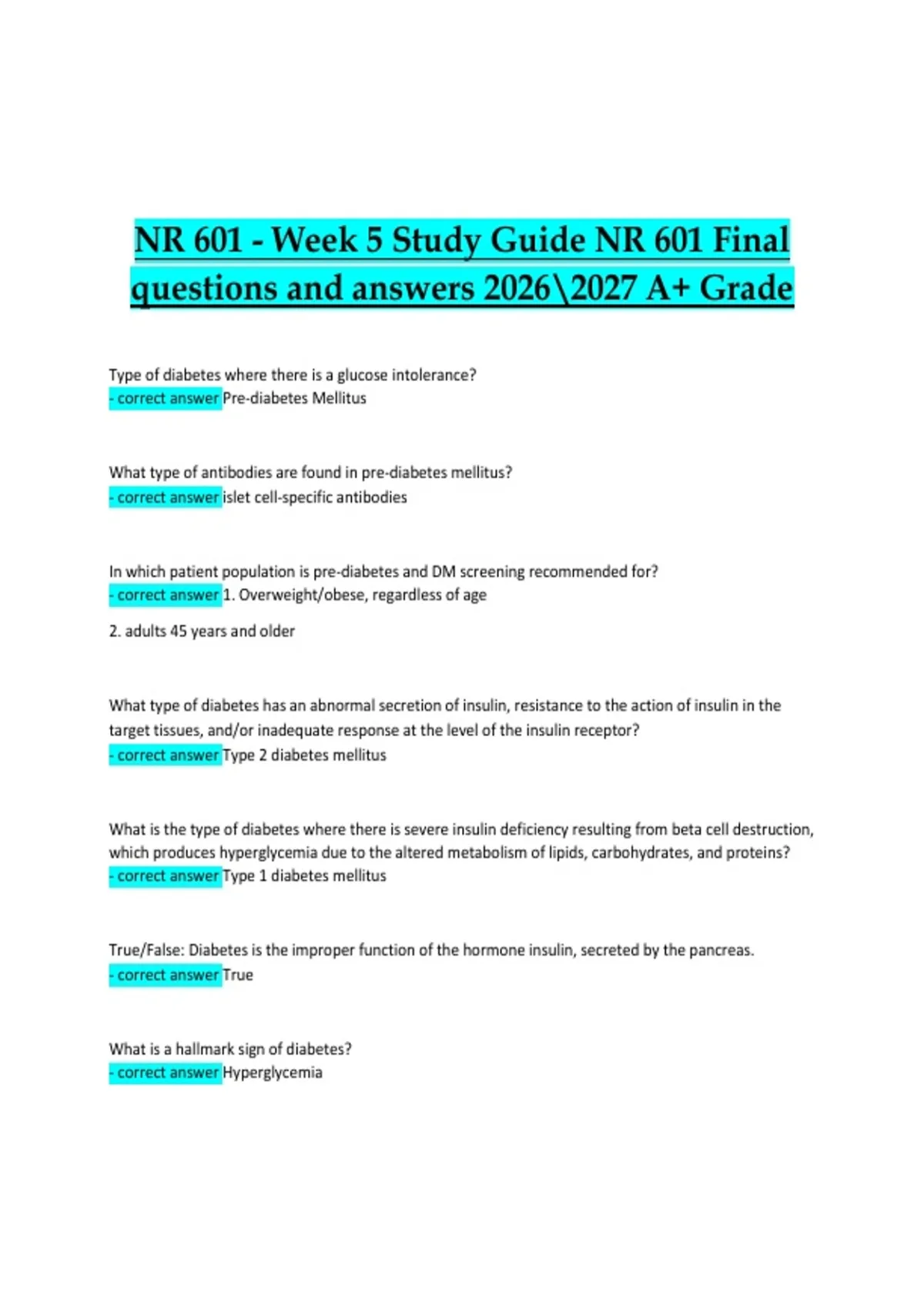NR 601 Advanced Pathophysiology – Week 5 Study Guide & Final Exam ...