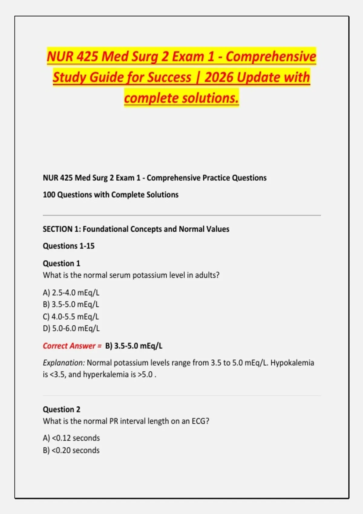 NUR 425 Med Surg 2 Exam 1 - Comprehensive Study Guide for Success ...