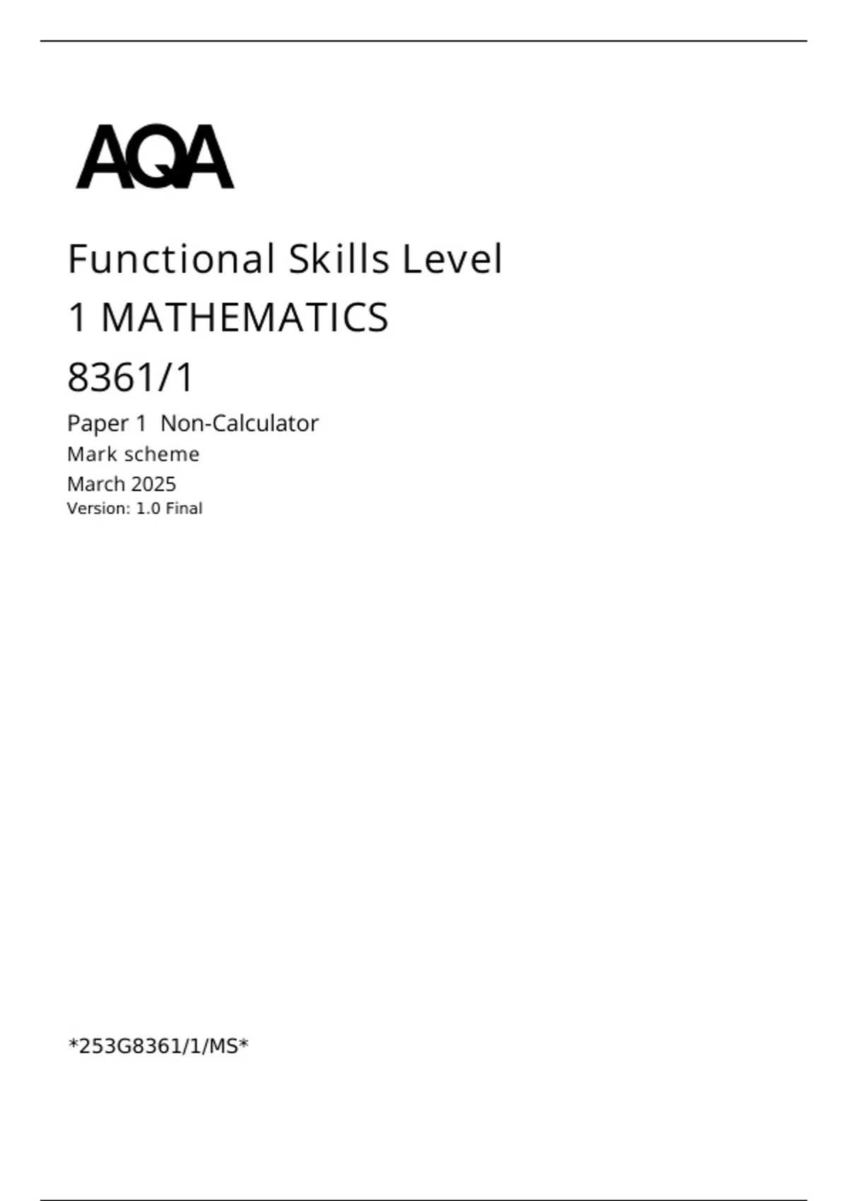 AQA Functional Skills Mathematics Level 1 8361/1 Paper 1 Non-Calculator ...