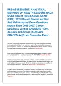 PRE-ASSESSMENT&colon; ANALYTICAL  METHODS OF HEALTH LEADERS RAO2  MOST Recent Tested&comma;Actual  EXAM    &lpar;2026&rpar;  WITH Recent Newest Verified  And Well Analyzed Exam Questions   &lpar;Actual Exam 2026-2027&rpar; Correct  Detailed & Verified ANSWERS &lpar;100&percnt;  Accurate Solutions&rpar; 