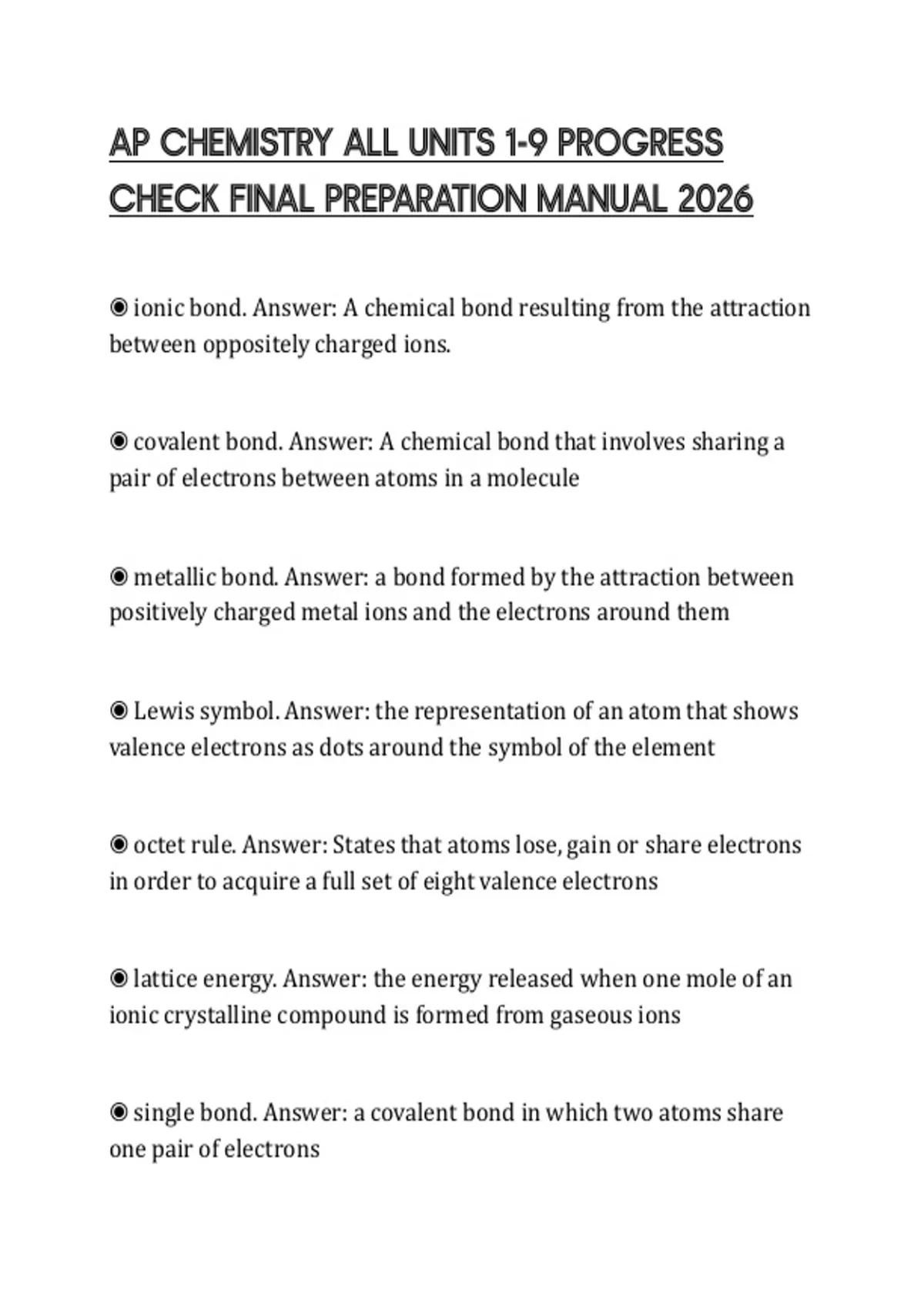 AP CHEMISTRY ALL UNITS 1-9 PROGRESS CHECK FINAL PREPARATION MANUAL 2026 ...