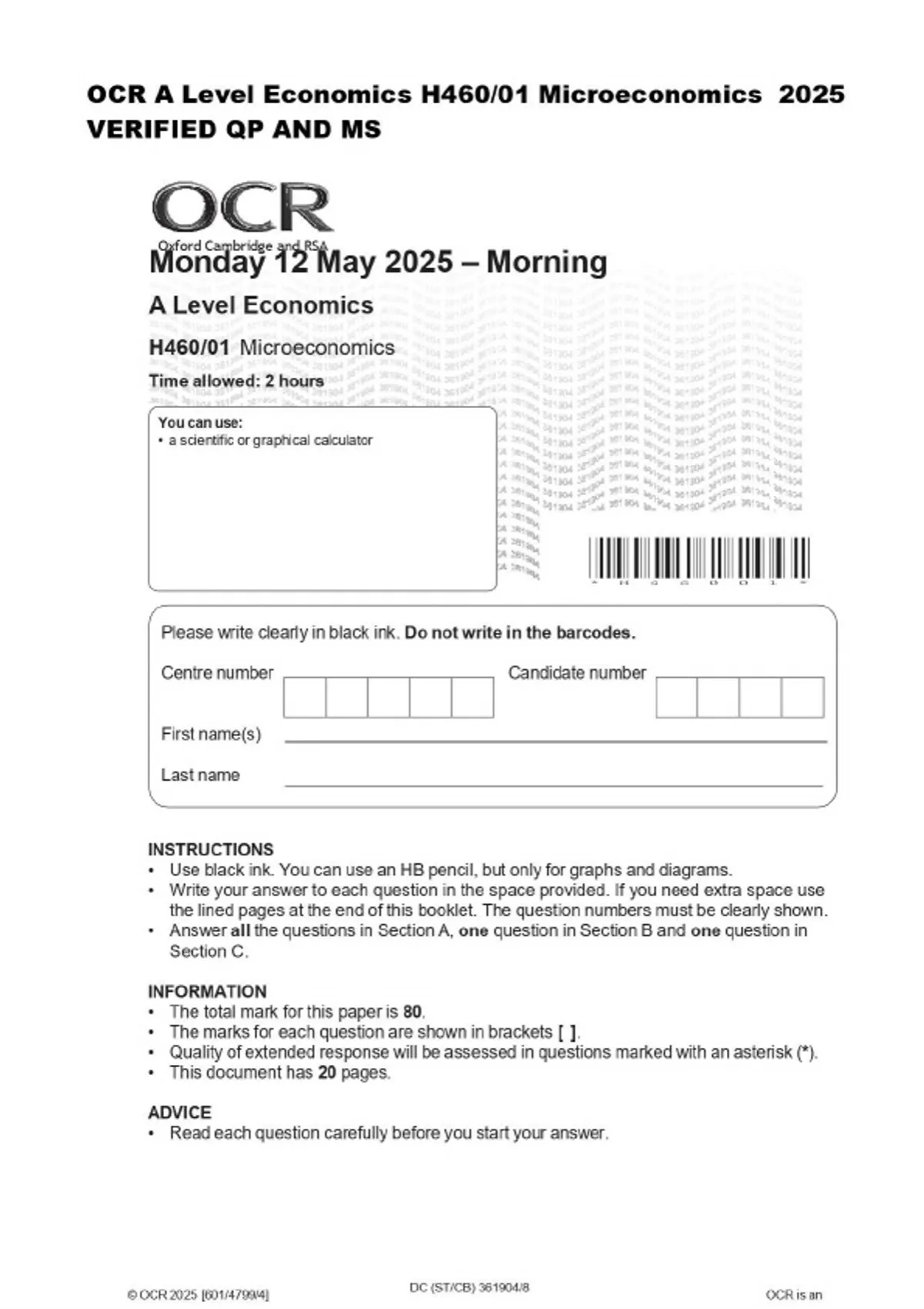 OCR A Level Economics H460/01 Microeconomics 2025 VERIFIED QP AND MS ...
