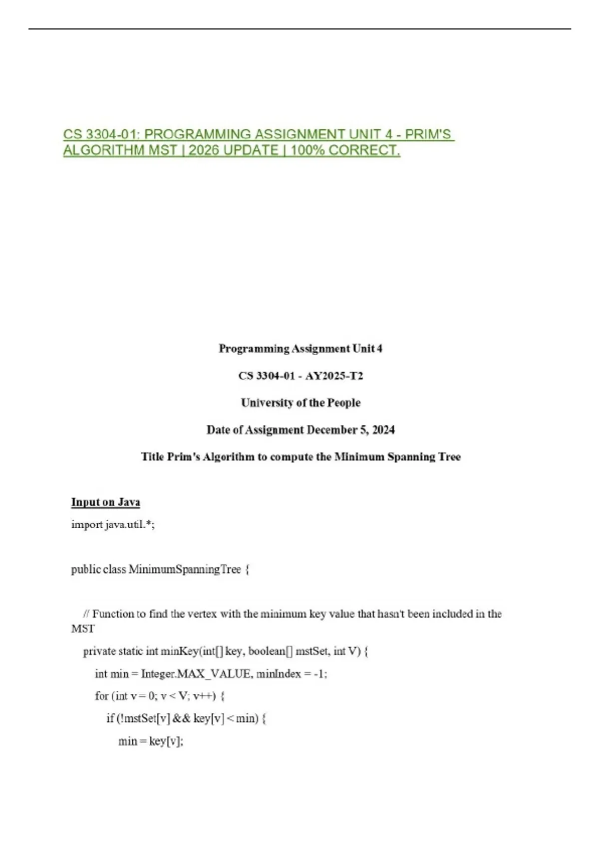 CS 3304-01: PROGRAMMING ASSIGNMENT UNIT 4 - PRIM'S ALGORITHM MST | 2026 ...