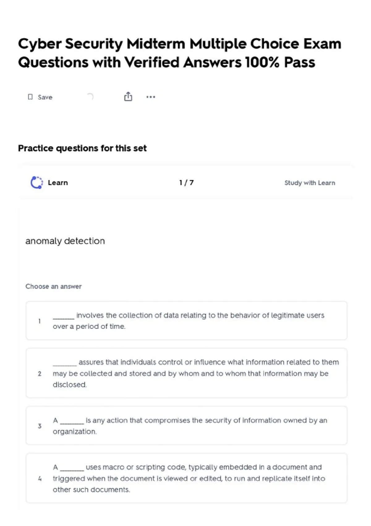 Cyber Security Midterm Multiple Choice Exam Questions with Verified ...