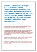 Certified Texas Contract Developer  &lpar;CTCD&rpar; 2026 MOST Recent  Tested&comma;Actual Exam Questions &lpar;2026&rpar;   WITH Recent Newest Verified And Well  Analyzed Exam Questions  &lpar;Actual Exam  2026-2027&rpar; Correct Detailed & Verified  ANSWERS &lpar;100&percnt; Accurate Solutions&rpar;  &vert;&vert;AL