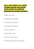 AQA A LEVEL FRENCH 7652 1 PAPER 1 LISTENING READING AND WRITING ACTUAL PAPER 2026 COMPLETE QUESTIONS AND ANSWERS GRADED A&plus;