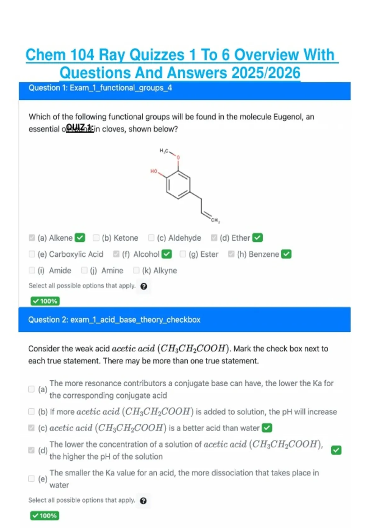 Chem 104 Ray Quizzes 1 To 6 Overview With Questions And Answers 2025/ ...