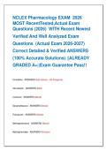 NCLEX Pharmacology EXAM  2026   MOST RecentTested&comma;Actual Exam  Questions &lpar;2026&rpar;  WITH Recent Newest   Verified And Well Analyzed Exam   Questions  &lpar;Actual Exam 2026-2027&rpar;   Correct Detailed & Verified ANSWERS   &lpar;100&percnt; Accurate Solutions&rpar; &vert;&vert;ALREADY   GRADED