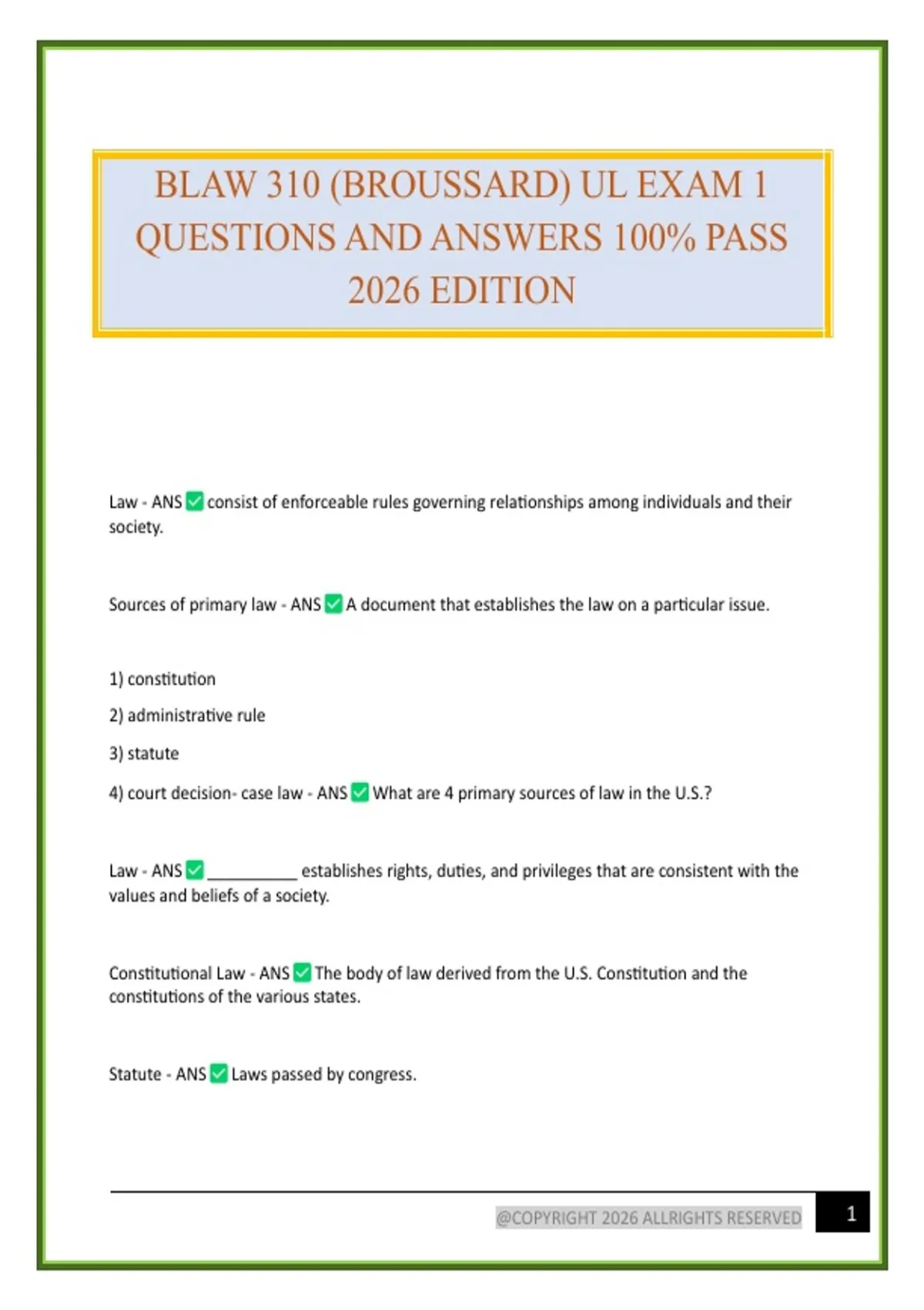 BLAW 310 (BROUSSARD) UL EXAM 1 QUESTIONS AND ANSWERS 100% PASS 2026 ...