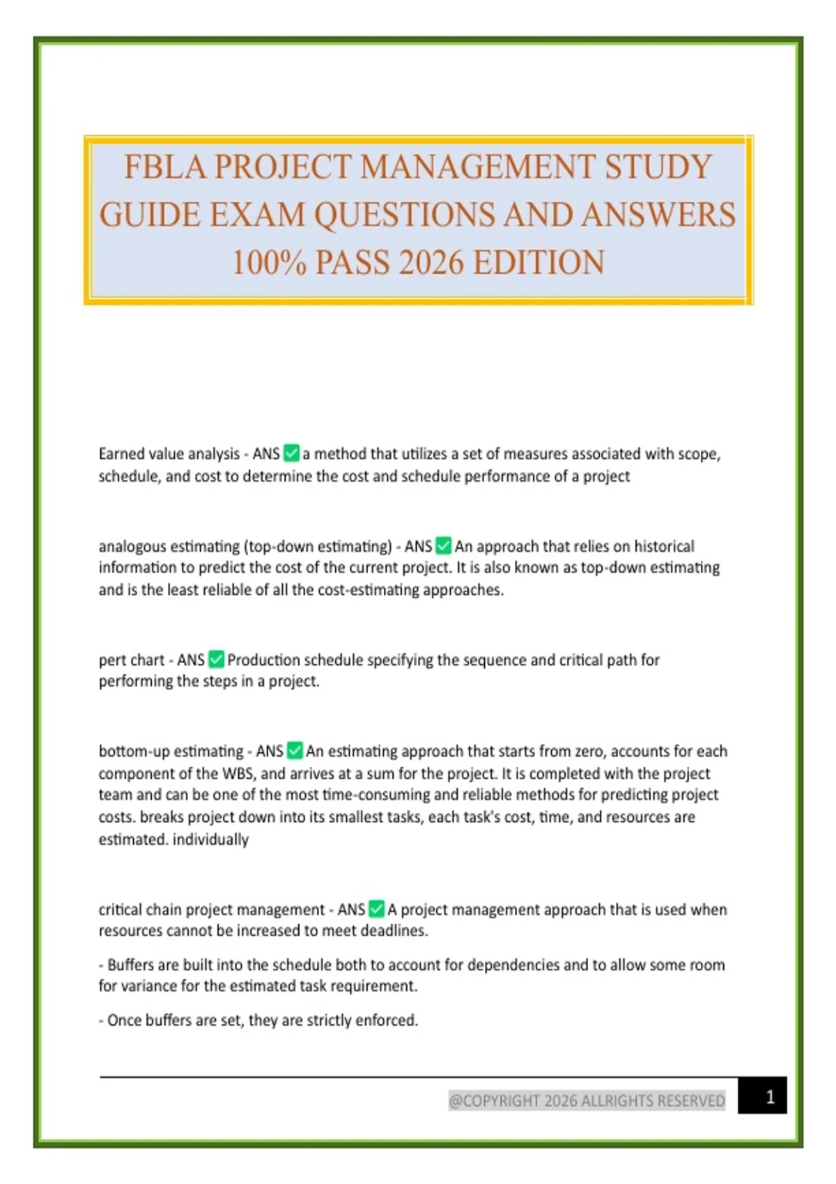 FBLA PROJECT MANAGEMENT STUDY GUIDE EXAM QUESTIONS AND ANSWERS 100% ...