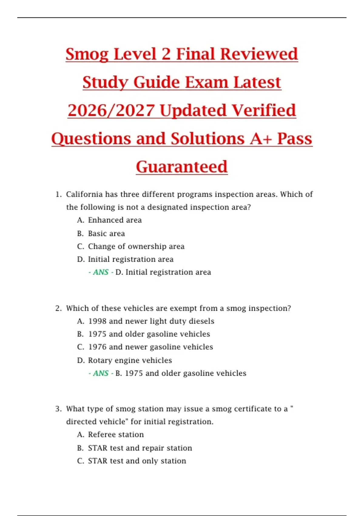 Smog Level 2 Final Reviewed Study Guide Exam Latest 2026/2027 Updated ...