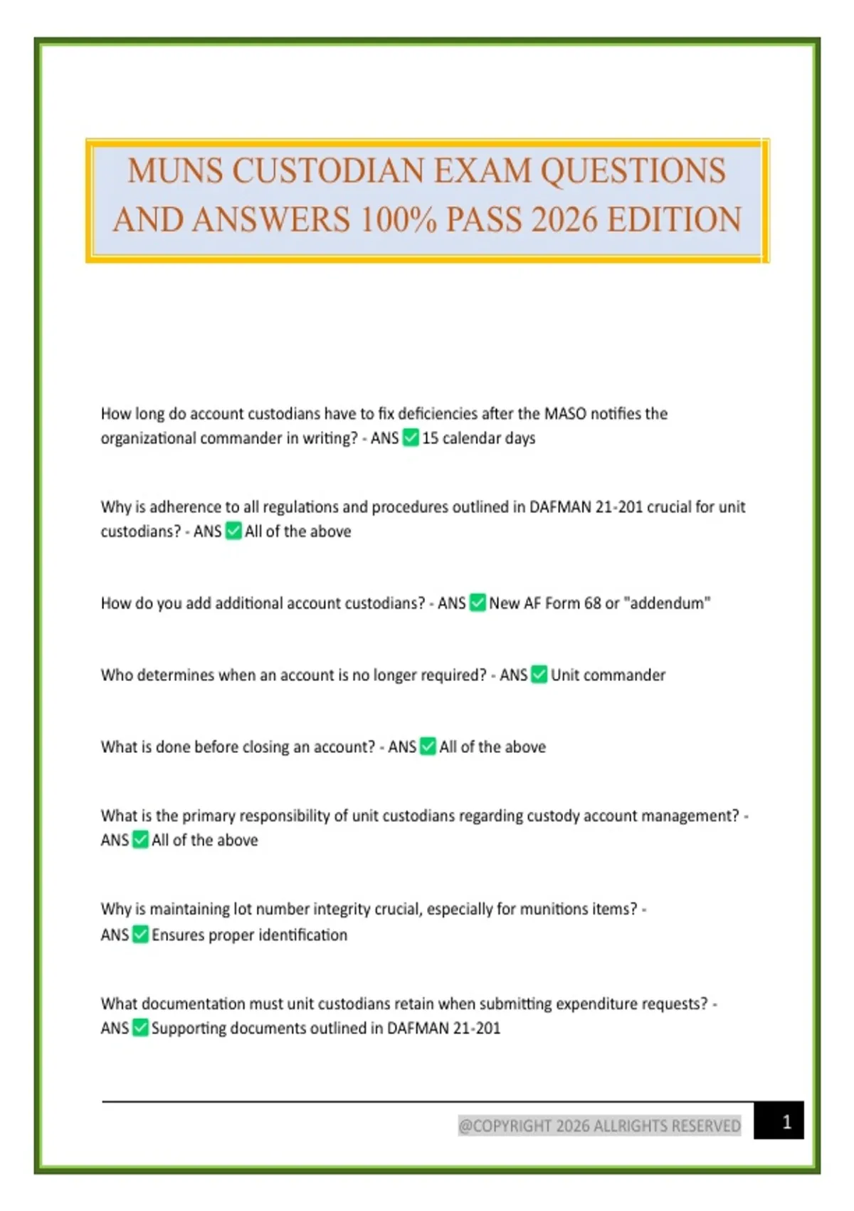 MUNS CUSTODIAN EXAM QUESTIONS AND ANSWERS 100% PASS 2026 EDITION - MUNS CUSTODIAN - Stuvia US