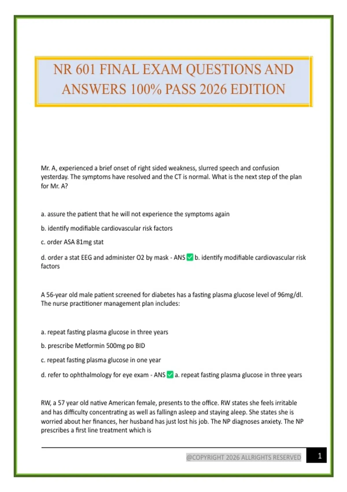 NR 601 FINAL EXAM QUESTIONS AND ANSWERS 100% PASS 2026 EDITION - NR 601 ...