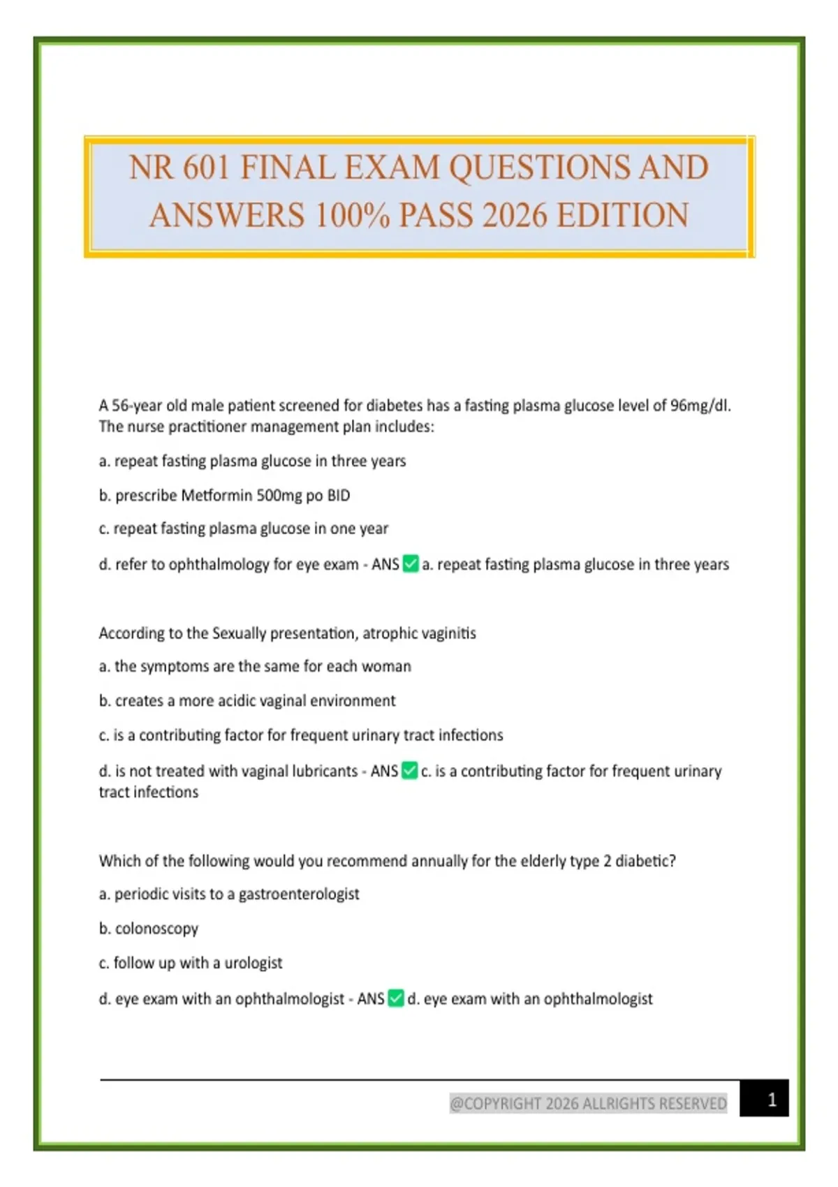 NR 601 FINAL EXAM QUESTIONS AND ANSWERS 100% PASS 2026 EDITION - NR 601 ...