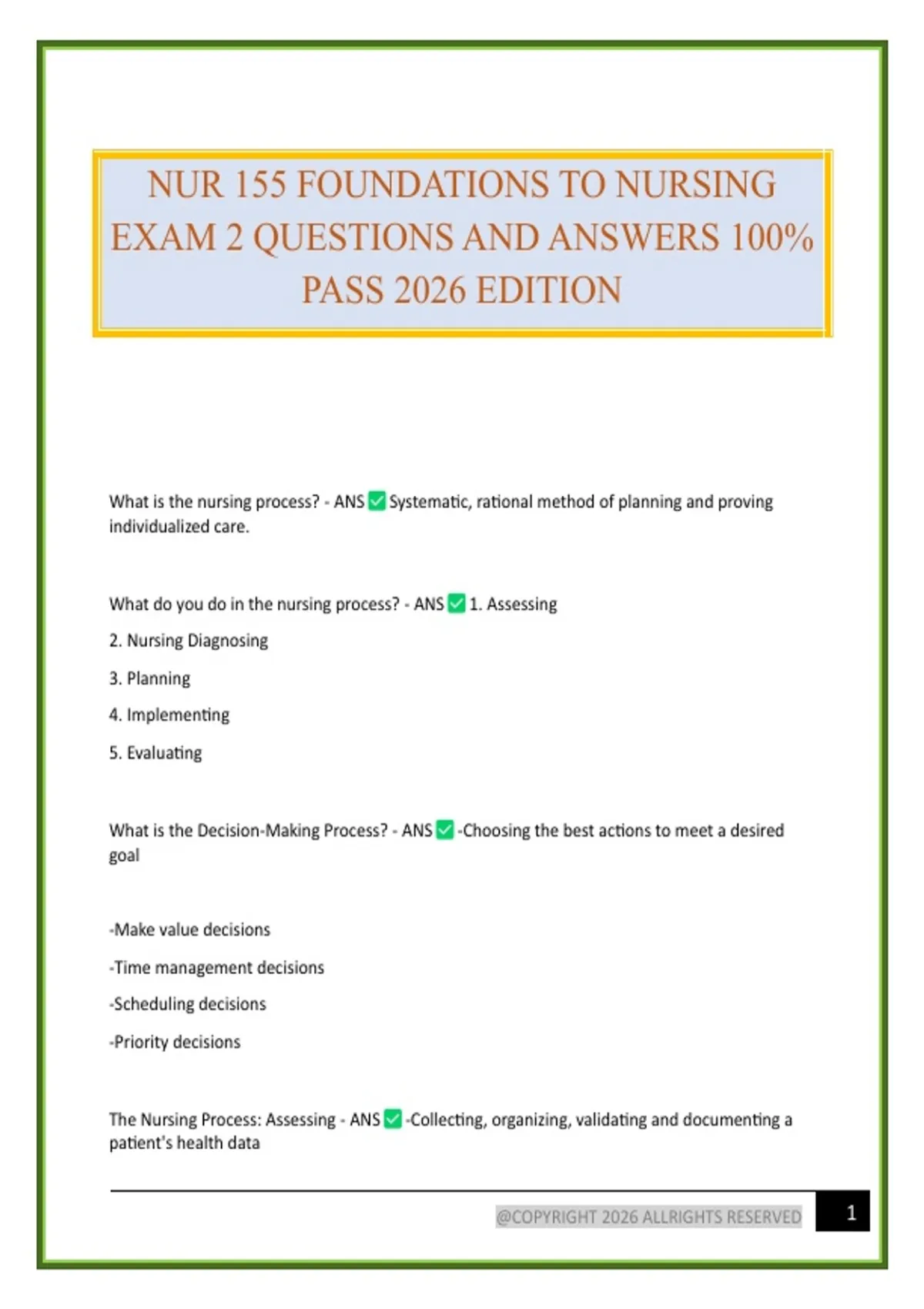 NUR 155 FOUNDATIONS TO NURSING EXAM 2 QUESTIONS AND ANSWERS 100% PASS ...