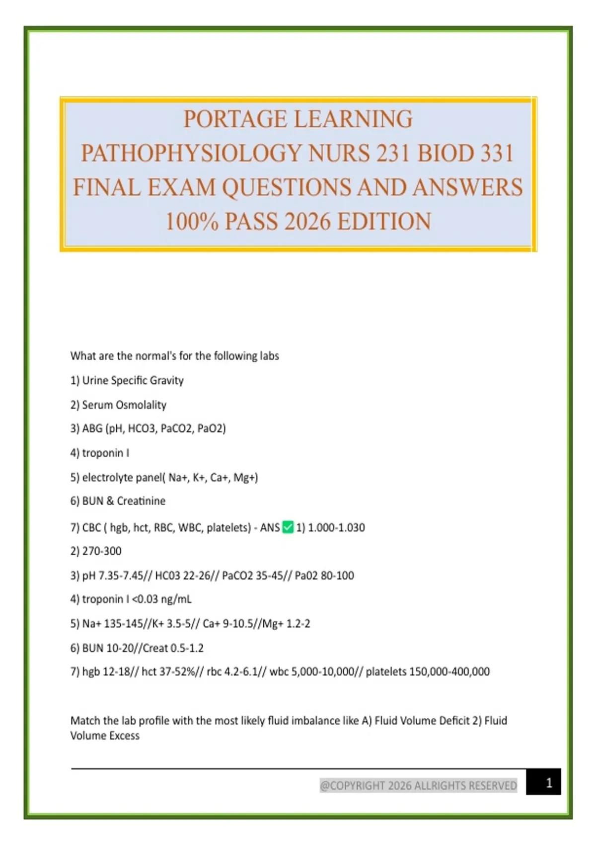 PORTAGE LEARNING PATHOPHYSIOLOGY NURS 231 BIOD 331 FINAL EXAM QUESTIONS ...