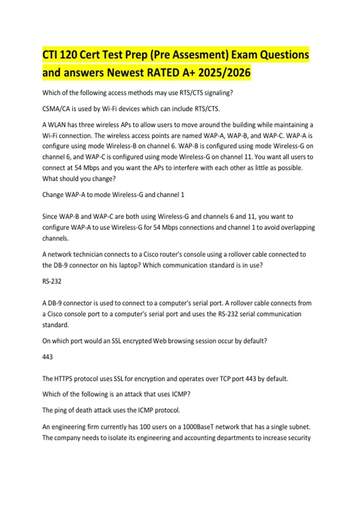 CTI 120 Cert Test Prep (Pre Assesment) Exam Questions and answers ...