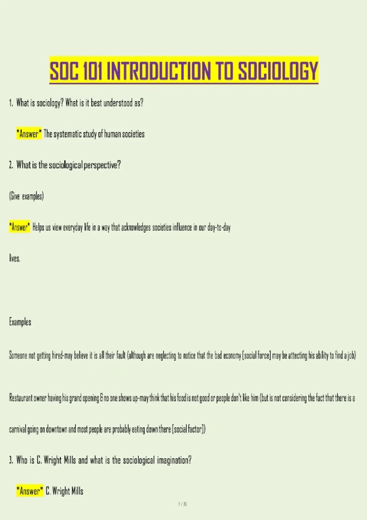 SOC 101 Introduction to Sociology2026 – Exam 1 Review PDF - SOC 101 ...