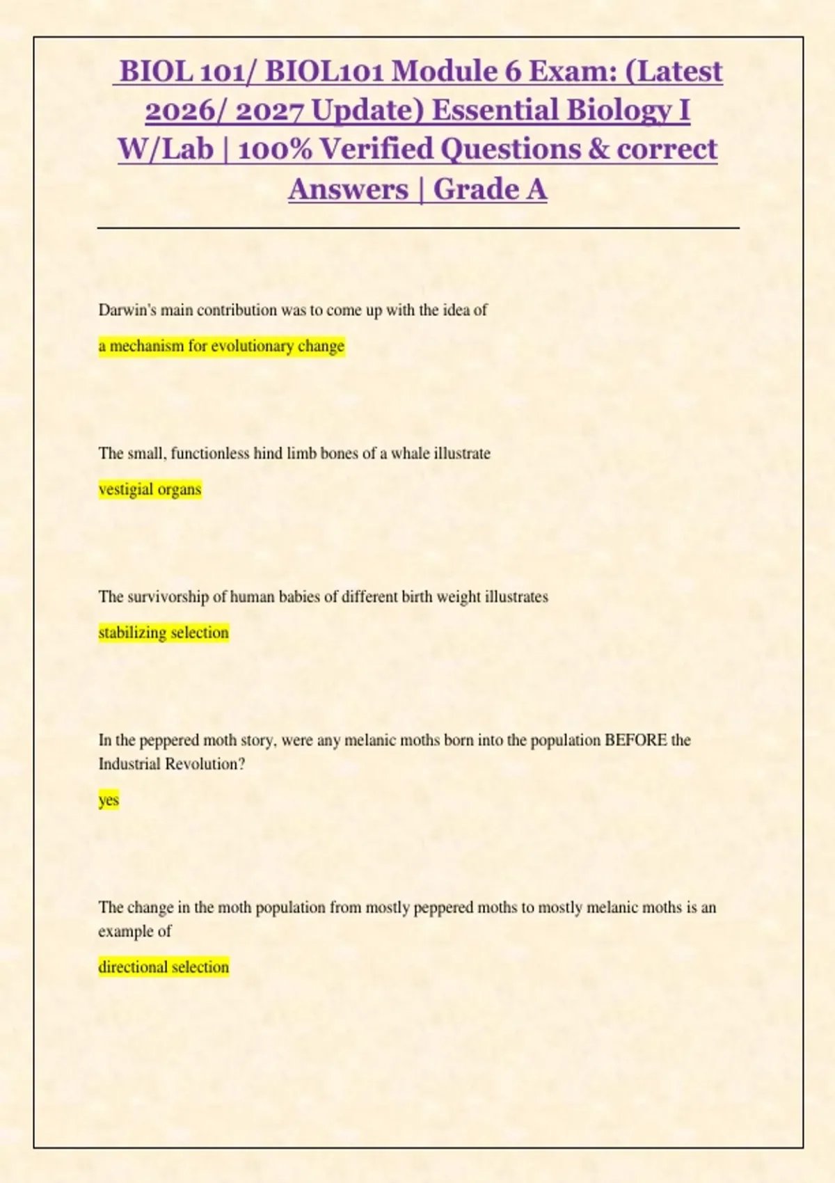 BIOL 101 Essential Biology I with Lab – Module 6 Exam (2026–2027 ...