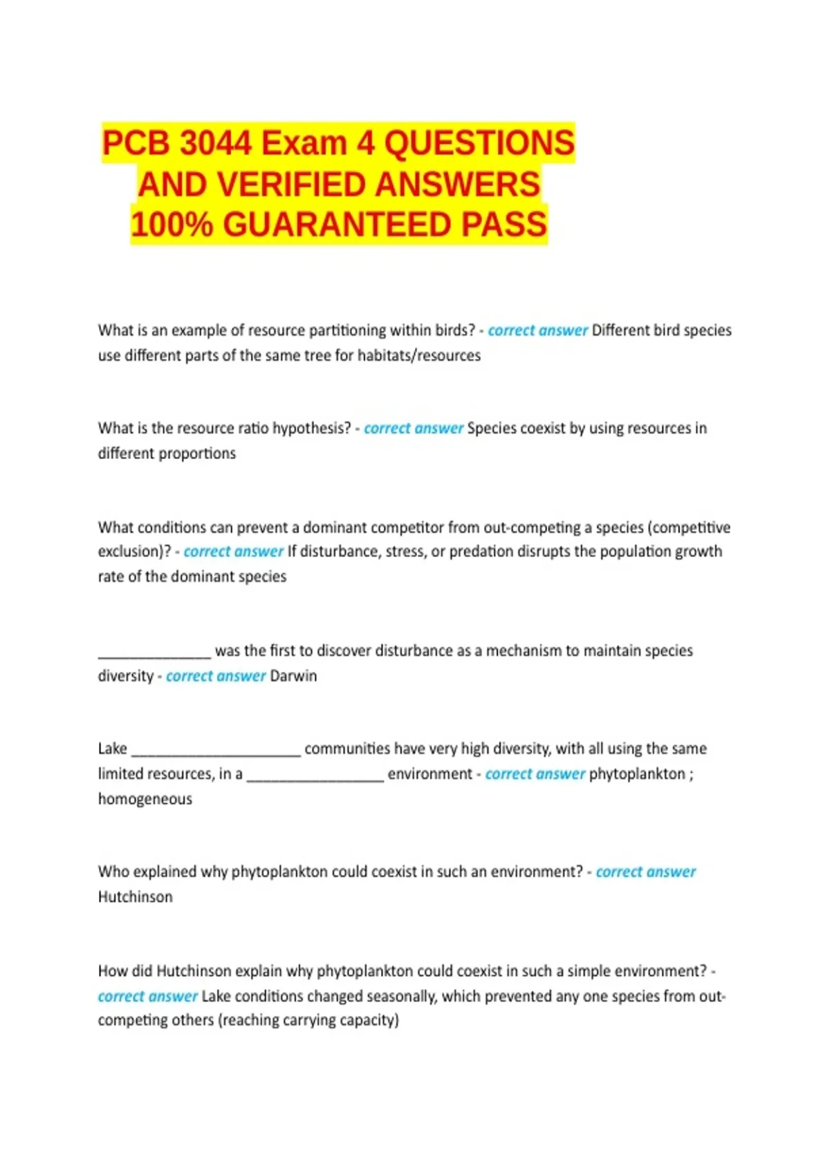 PCB 3044 Exam 4 QUESTIONS AND VERIFIED ANSWERS 100% GUARANTEED PASS ...
