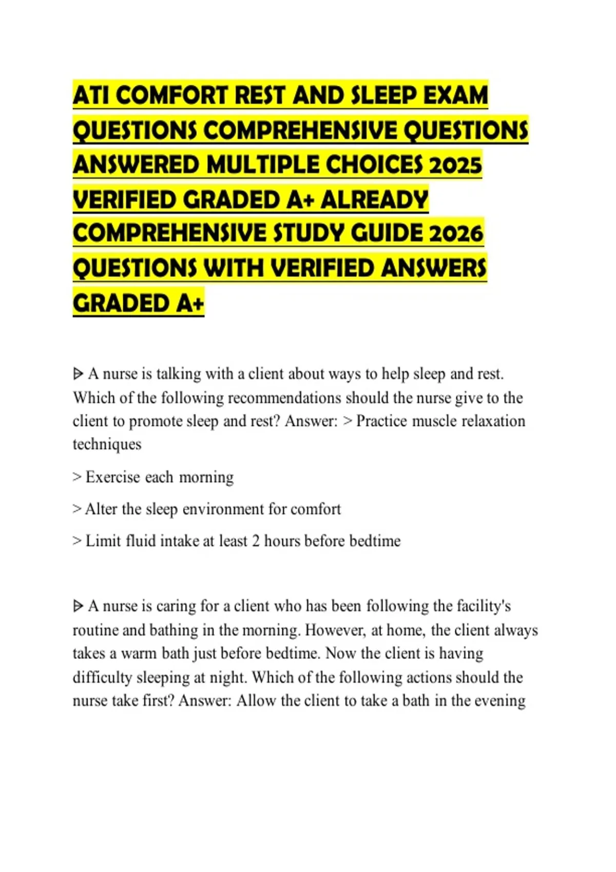 ATI COMFORT REST AND SLEEP EXAM QUESTIONS COMPREHENSIVE QUESTIONS ...