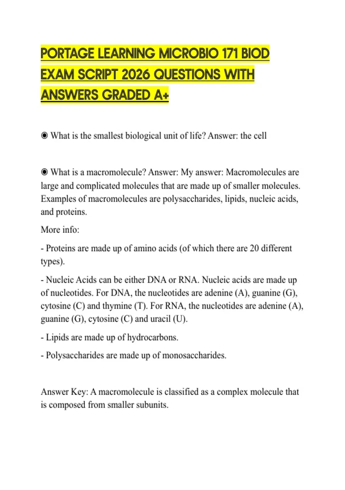 PORTAGE LEARNING MICROBIO 171 BIOD EXAM SCRIPT 2026 QUESTIONS WITH ...