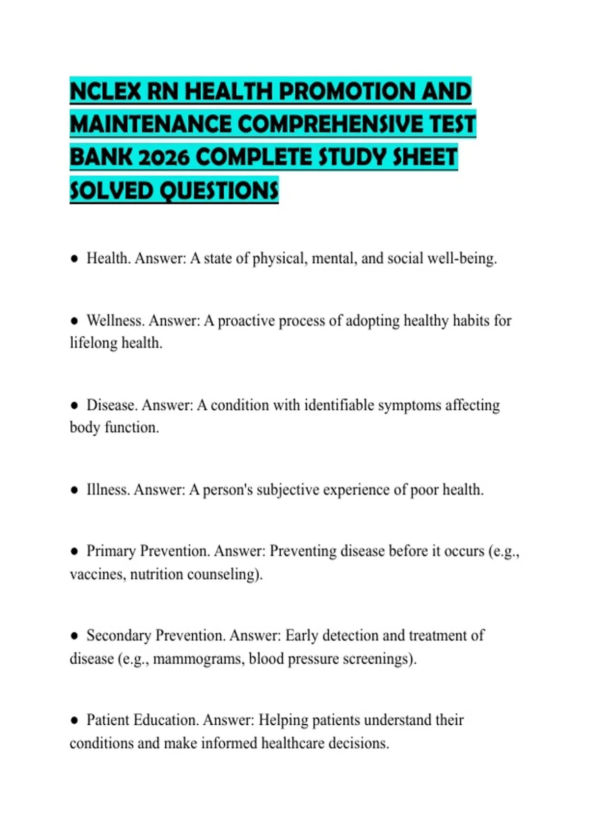 NCLEX RN HEALTH PROMOTION AND MAINTENANCE COMPREHENSIVE TEST BANK 2026 ...