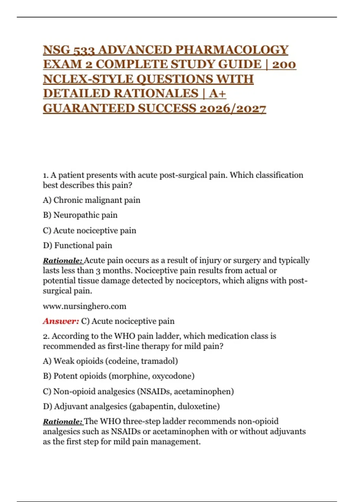 NSG 533 ADVANCED PHARMACOLOGY EXAM 2 COMPLETE STUDY GUIDE | 200 NCLEX ...