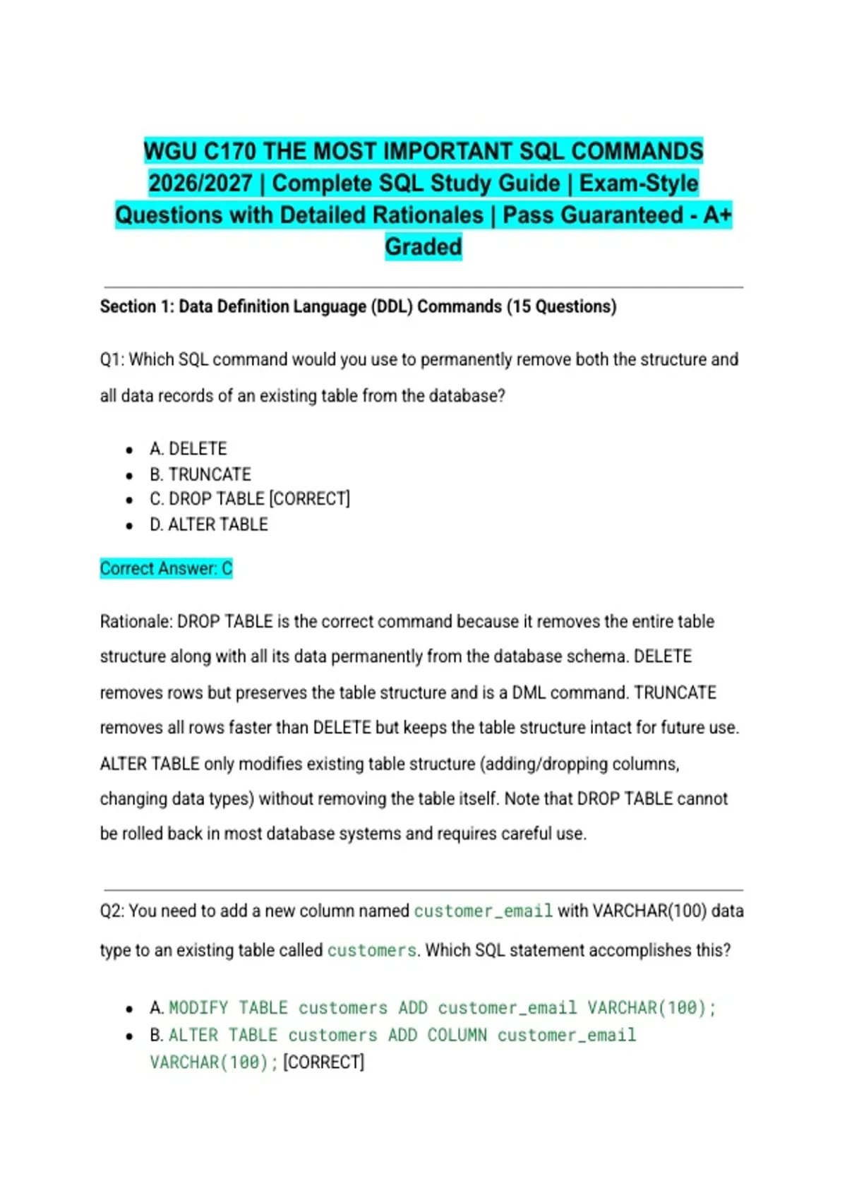 WGU C170 THE MOST IMPORTANT SQL COMMANDS 2026/2027 | Complete SQL Study ...