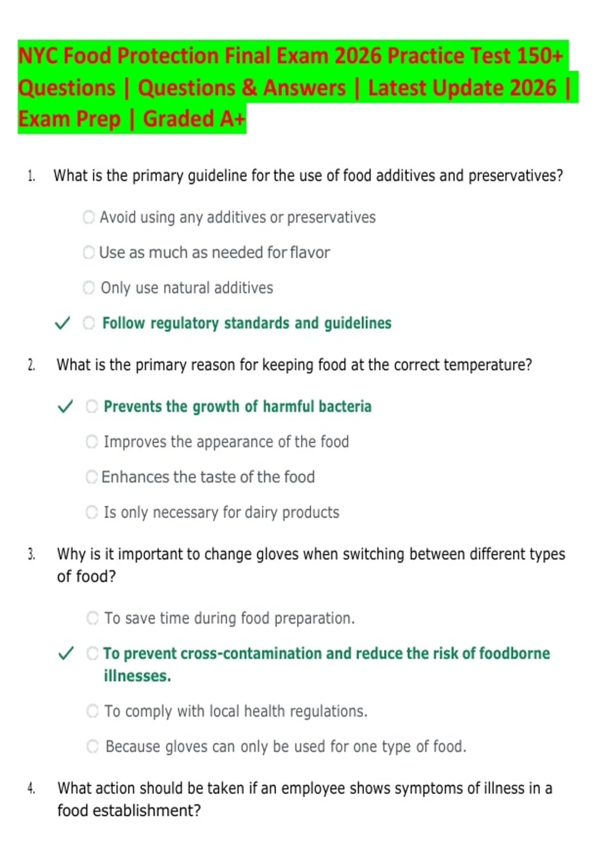 NYC Food Protection Final Exam 2026 Practice Test 150+ Questions | Questions &amp; Answers | Latest ...