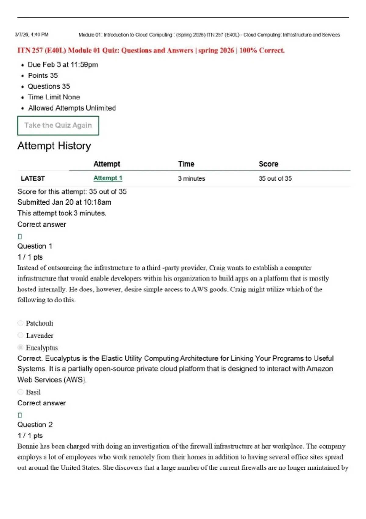ITN 257 Module 1,2,3,4 and 5 Bundled Quizzes with complete solutions ...
