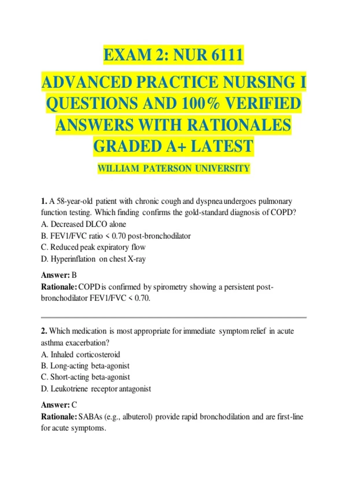 EXAM 2: NUR 6111 ADVANCED PRACTICE NURSING I QUESTIONS AND 100% ...