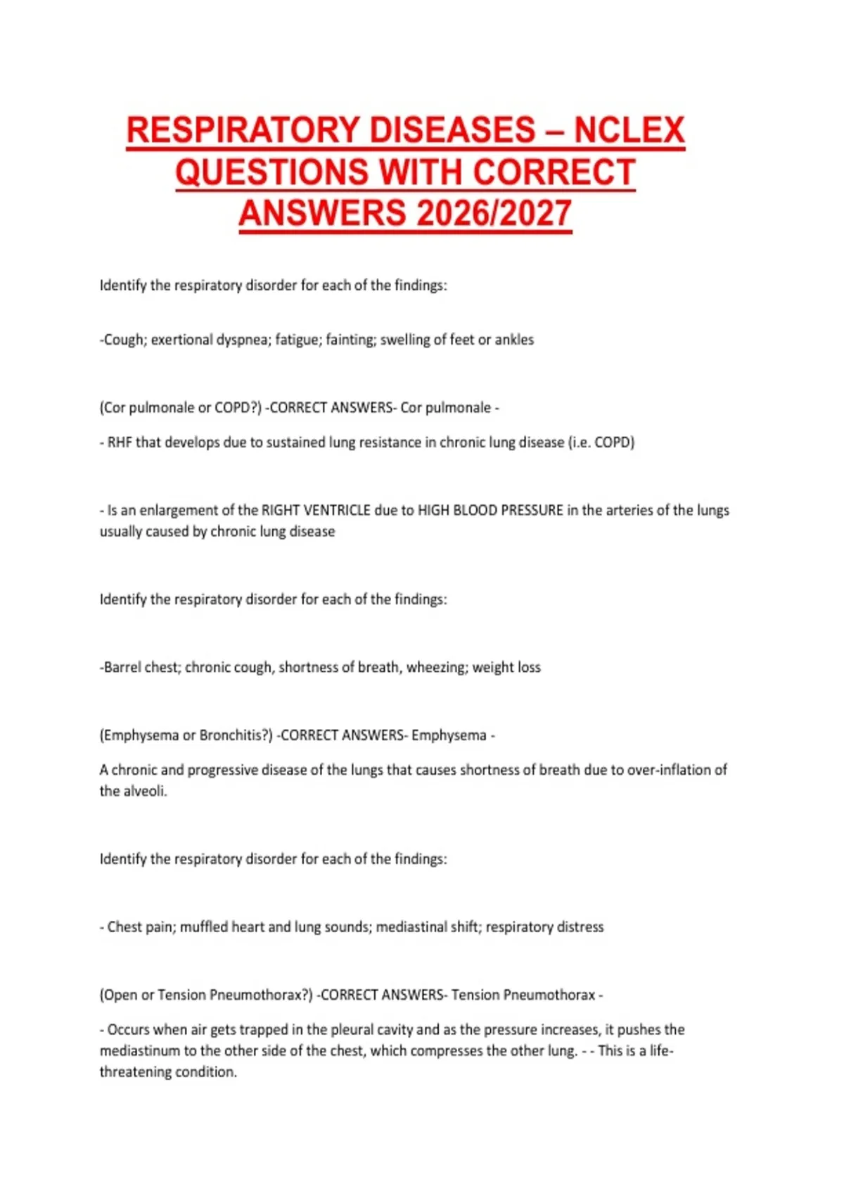 RESPIRATORY DISEASES – NCLEX QUESTIONS WITH CORRECT ANSWERS 2026/2027 ...