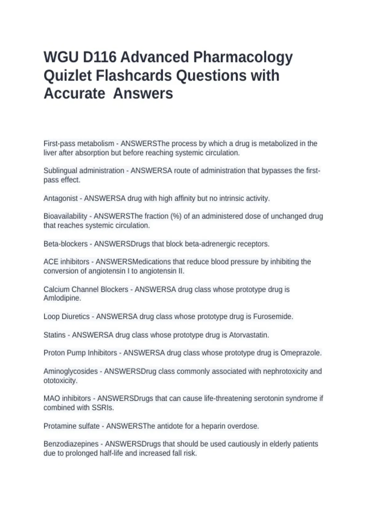 WGU D116 Advanced Pharmacology Quizlet Flashcards Questions with ...