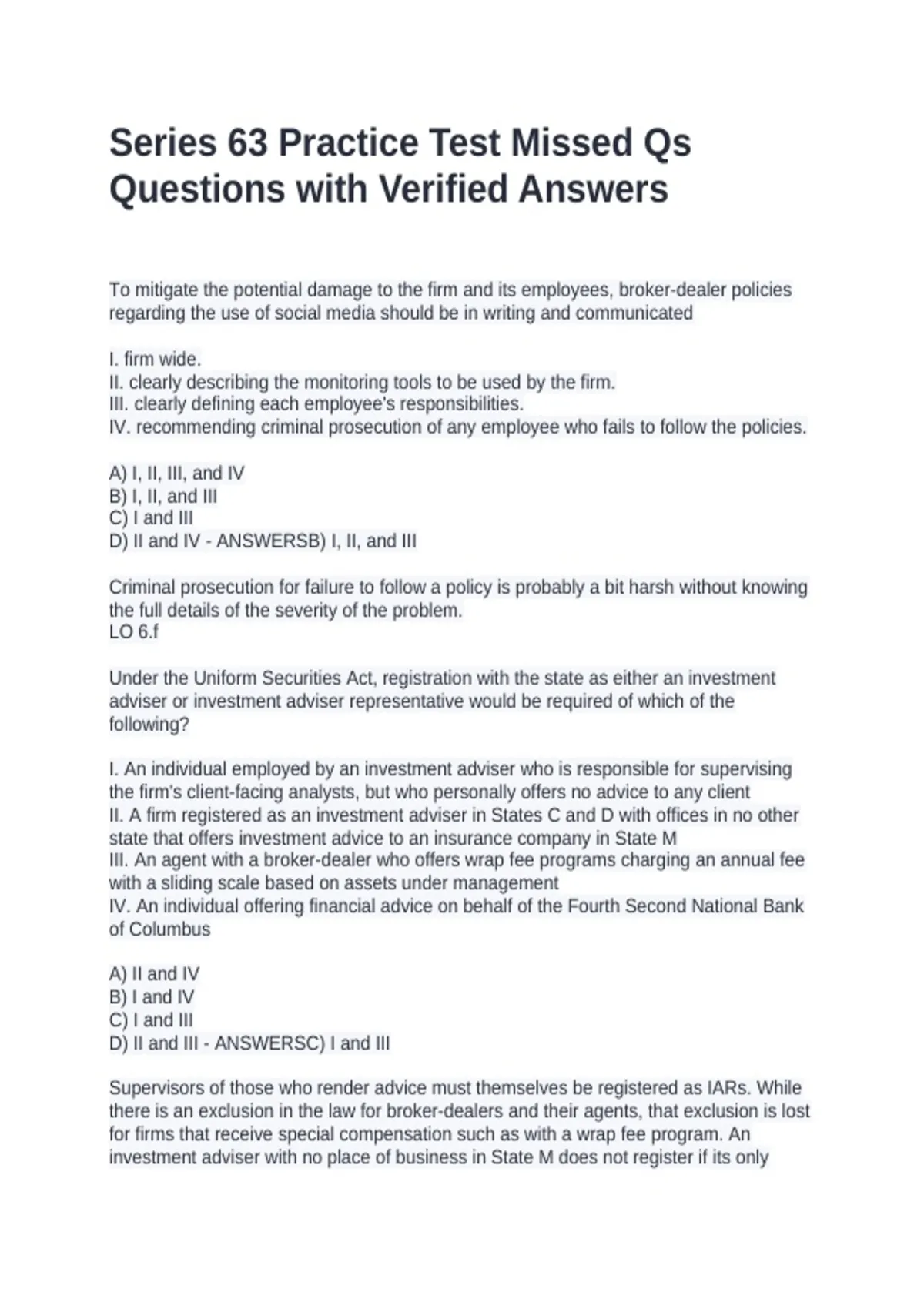 Series 63 Practice Test Missed Qs Questions with Verified Answers ...
