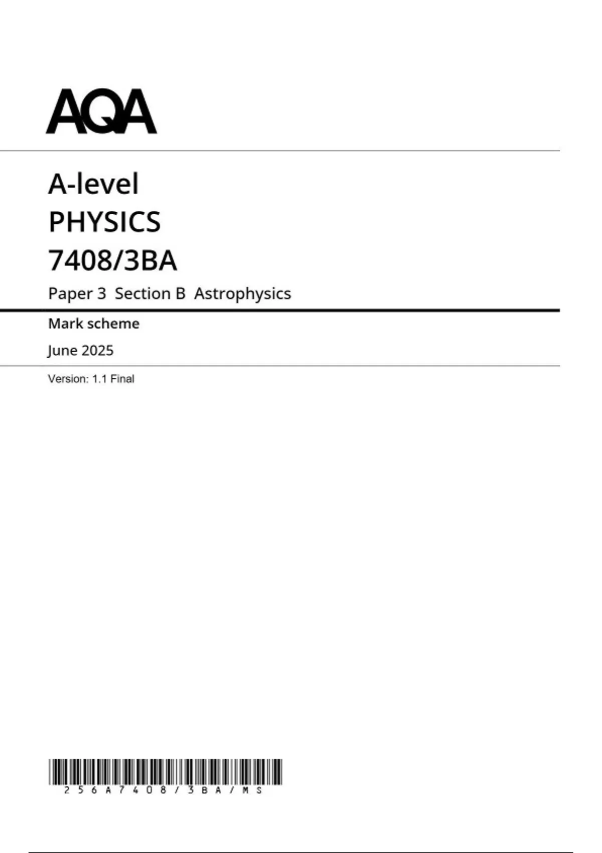 2025 AQA A-level PHYSICS Paper 3 Section B Astrophysics Mark scheme ...