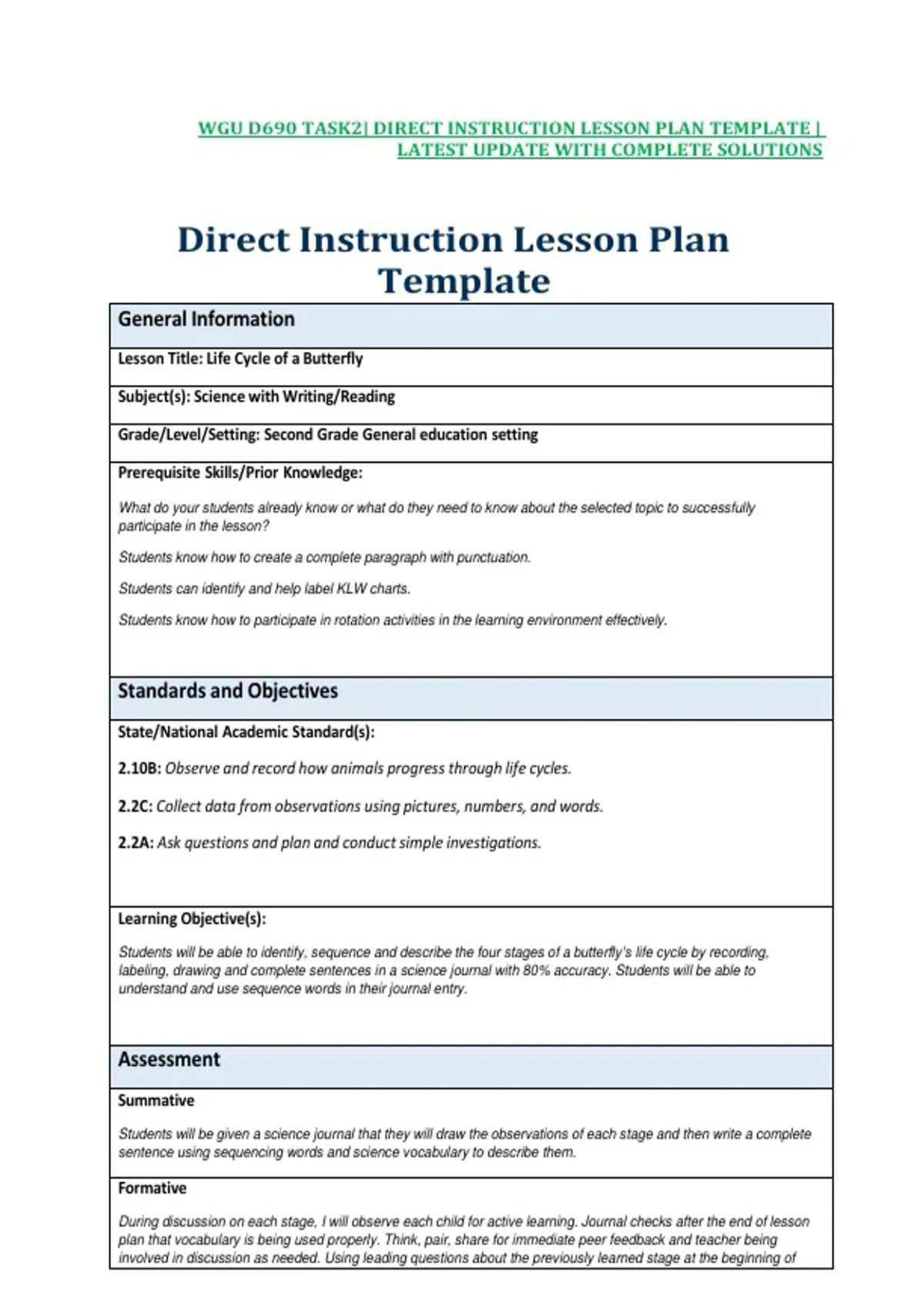 WGU D690 TASK2| DIRECT INSTRUCTION LESSON PLAN TEMPLATE | LATEST UPDATE ...