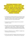 CALIFORNIA BRANCH 2 FIELD  REPRESENTATIVE - STRUCTURAL PEST  CONTROL BOARD &lpar;SPCB&rpar; EXAM PREP  2026&sol;2027 COMPLETE QUESTIONS WITH  VERIFIED CORRECT ANSWERS &vert;&vert;  100&percnt; GUARANTEED PASS  <NEWEST VERSION> 
