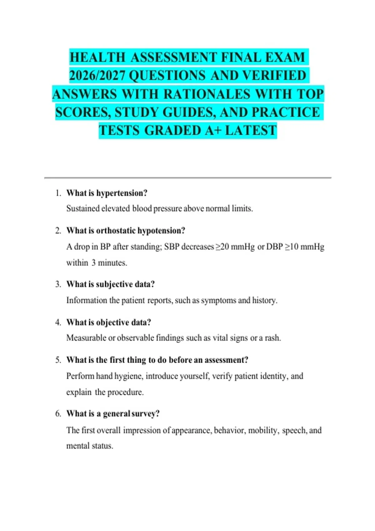 Health Assessment Final Exam Study Guide with Practice Questions and ...