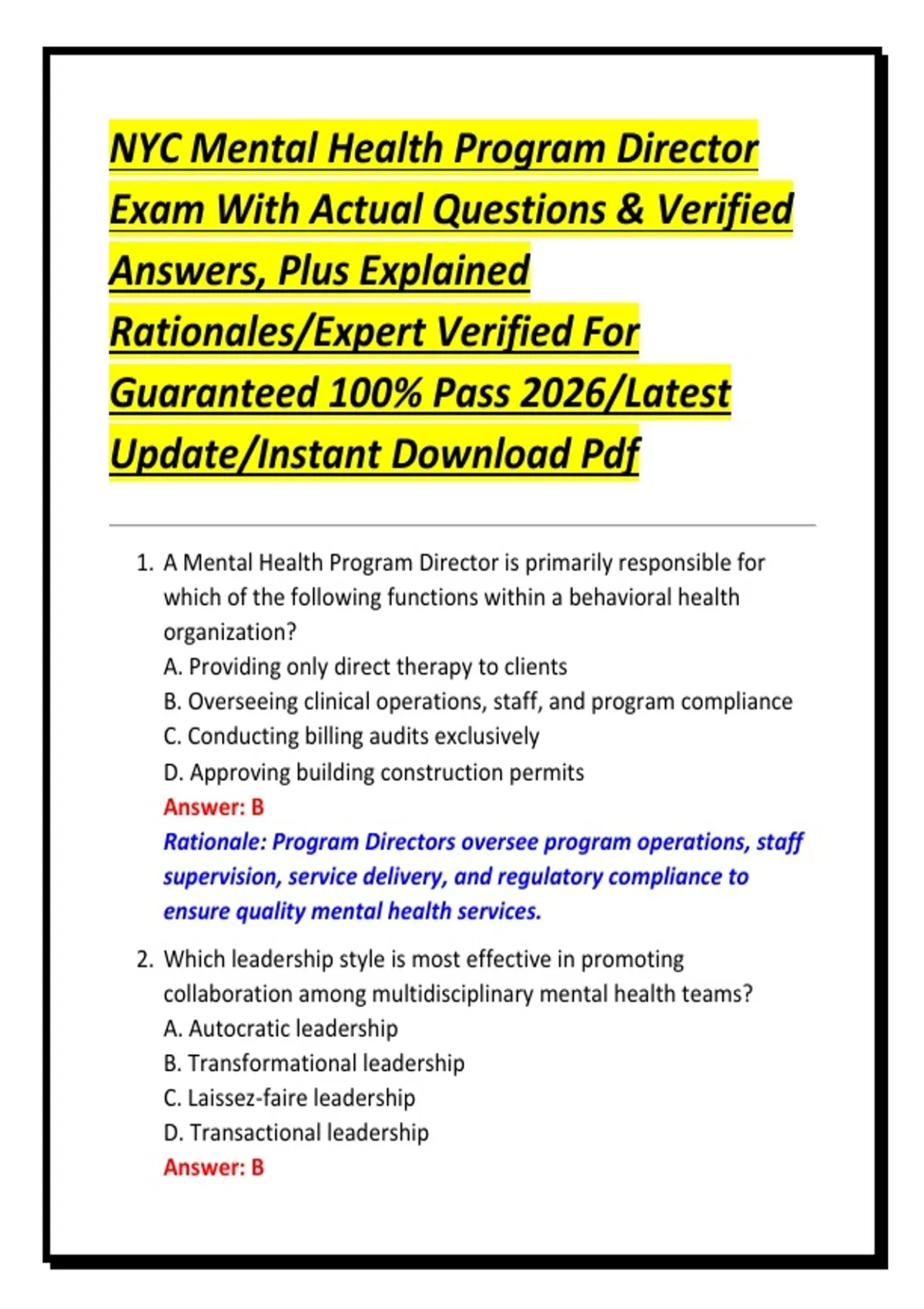 NYC Mental Health Program Director Exam With Actual Questions ...