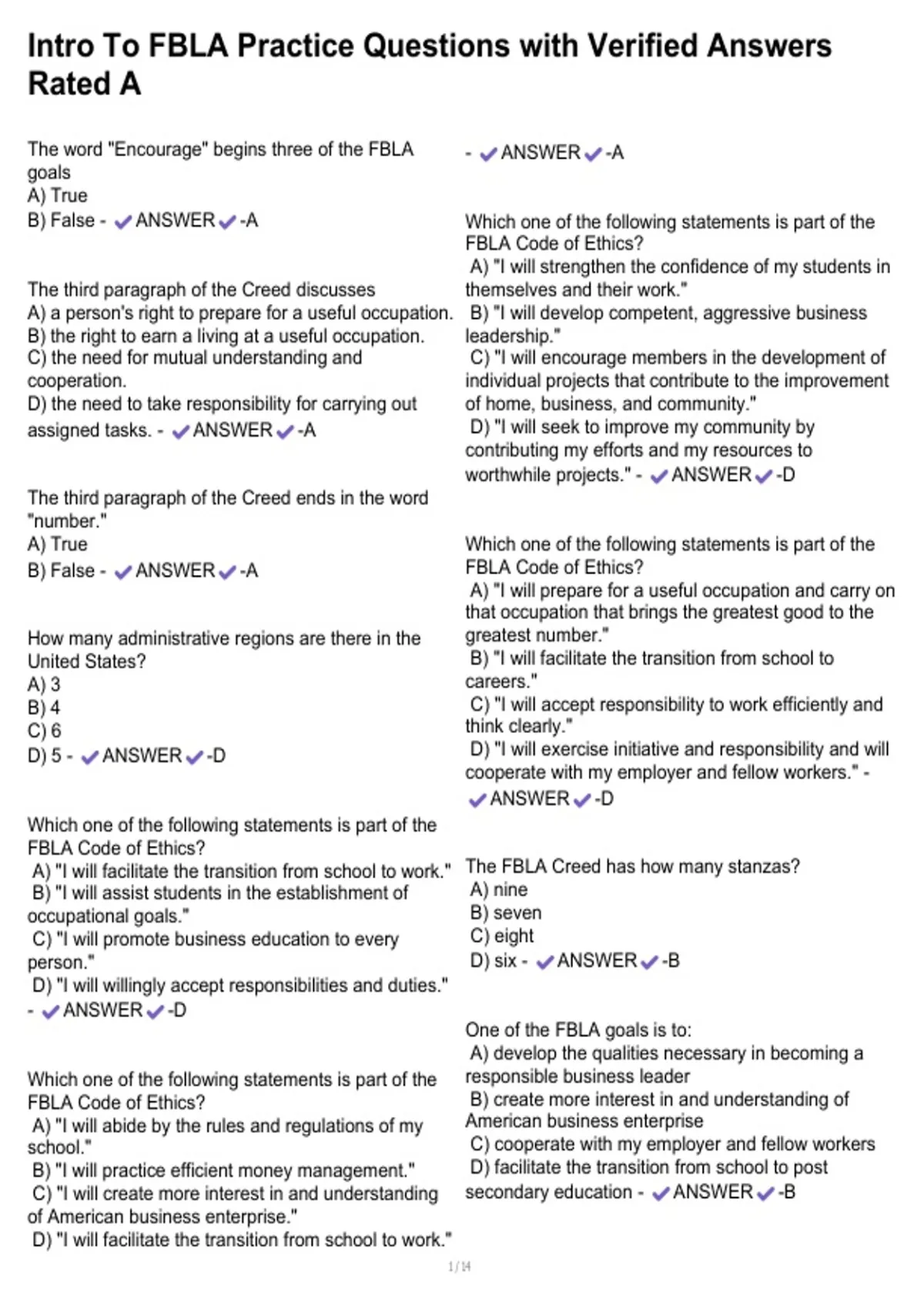 Intro To FBLA Practice Questions with Verified Answers Rated A - Intro To FBLA - Stuvia US