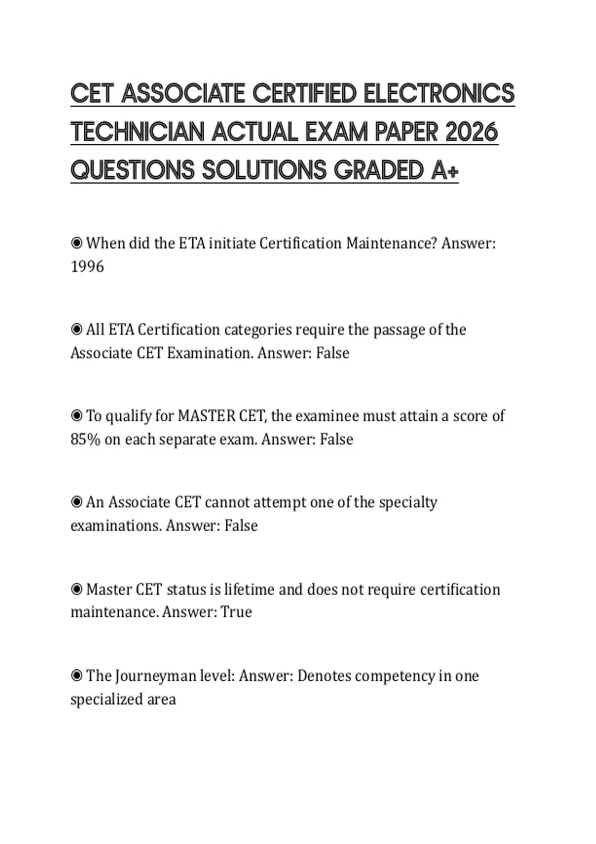 CET ASSOCIATE CERTIFIED ELECTRONICS TECHNICIAN ACTUAL EXAM PAPER 2026 ...