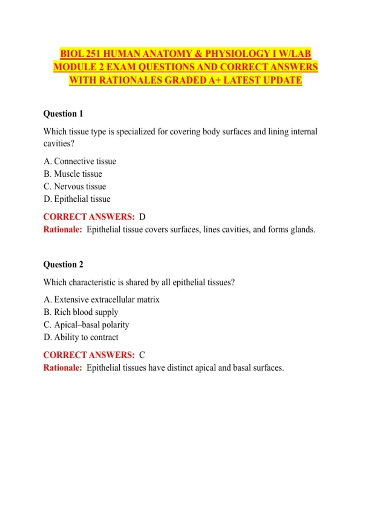 BIOL 251 Human Anatomy & Physiology with Lab – Module 2 Exam Practice ...